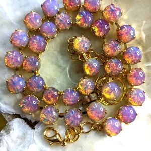 Stunning Pink Fire Opal Iridescent In Classic Necklace in 14K Gold Plated
